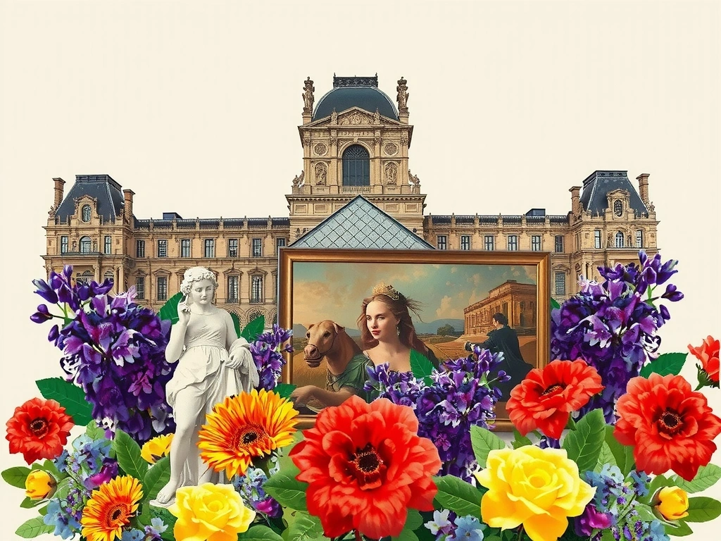 Symbole représentant la fusion de l'art du Louvre et de la nature, avec des éléments floraux et architecturaux